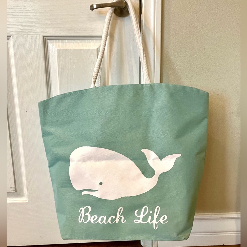 Large tote bag with “Beach Life” and whale design, 23”x18”x9” w/ 10” drop